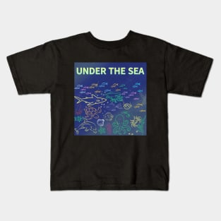 under the sea,blue sea,sea creatures,Turtle, puffer fish, starfish, shrimp, shark, tropical fish, sea horse, seaweed, sardines, squid, crabs, clams Kids T-Shirt